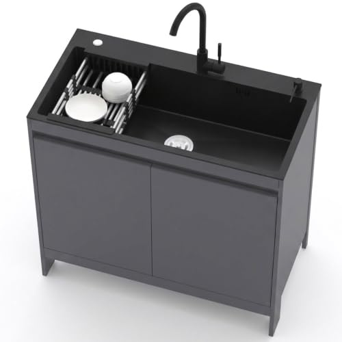 Lavandino da Giardino Autoportante in Acciaio Inox Nero Spazzolato con Mobiletto in Alluminio Alveolare,Lavello Cucina Esterna con Rubinetto Caldo e Freddo per Garage, Balcone e Camping