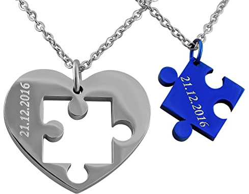 Hanessa Personalisierte Puzzle-Herz-Halskette für Paare – Edelstahl Partnerketten mit Gravur, Kette mit Gravur, Set aus 2 Teilen, Geschenk für Paare, beste Freunde, die Freundin zu Weihnachten