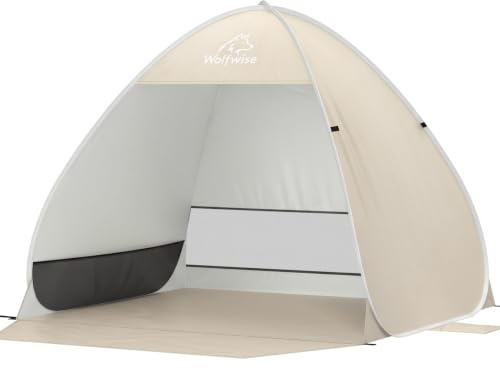 Wolfwise Strandmuschel Pop Up, UPF50+ Sonnenschutz, tragbar mit Tragetasche, sofortiger und einfacher Aufbau, Wasserabweisend & Belüftet mit Sandtaschen für 1-2 Personen, 160 × 130 × 120 cm, Beige