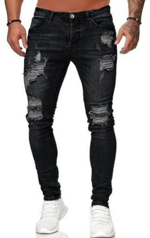 Jeans Homme Déchiré Trou Vintage Biker Pantalon en Denim Serré Pants Casual Jean Stretch Skinny Slim Fit (Noir, S)