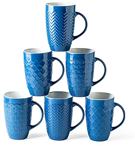 AmorArc Extra Large Coffee Mugs Set of 6, 20oz Ceramic Tall Coffee Mugs Set with Textured Geometric Patterns for Latte/Tea/Beer/Hot Cocoa, Dishwasher & Microwave Safe, Blue