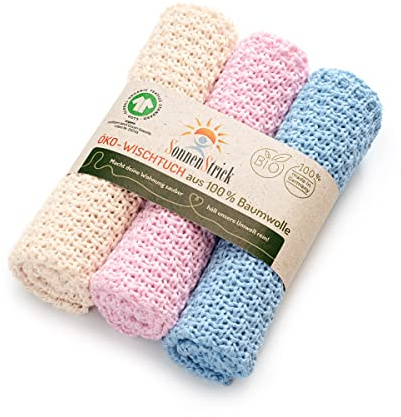 3er Set Nachhaltige Putzlappen Wischtücher Staubtücher aus 100% Bio Baumwolle kba gestrickt made in Germany (natur rosa blau, 25 x 25 cm)