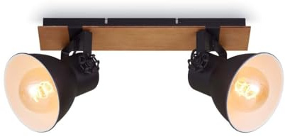 Briloner Leuchten Deckenlampe retro mit Holzbalken, 2-flammige Deckenleuchte vintage, E27 Fassung max. 40 Watt, verstellbare Lampenschirme, rustikaler Deckenspot, Schwarz-Weiß-Holz, 1 Stück (1er Pack)