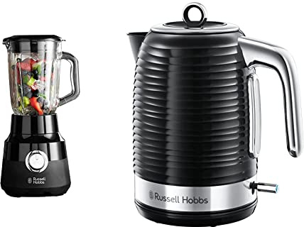Russell Hobbs 24722 Desire Jug Blender, 1.5 Litre Smoothie Maker and Soup Liquidiser, Matte Black, 650 W & 24361 Inspire Electric Fast Boil Kettle, 3000 W, 1.7 Litre, Black with Chrome Accents
