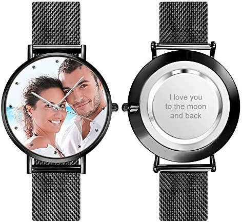 VEELU Personalisierte Foto Armbanduhr für Damen mit Gravur Text Uhr Metallarmband in Silber/Rosegold Geburtstagsgeschenk für Mutter Freundin Familie