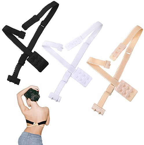 EBOOT 3 Pcs Low Back Bra Strap Converter Adjustable Bra Extenders 2 Hooks Backless Bra Converter for Ladies Girls Dress Wedding Party, White, Black, Beige