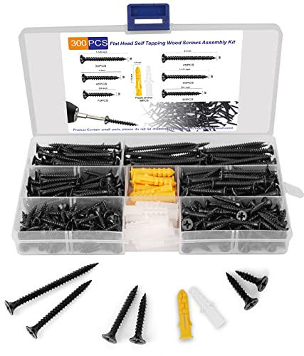 #6 Wood Screws Assortment Kit, 300Pcs Coarse Thread Carbon Steel Screws Set, Flat Head Phillips Drive Self Tapping Black Screws with M6 Anchors, 6 Sizes（2/1-5/8/1-1/4/1/3/4/5/8）