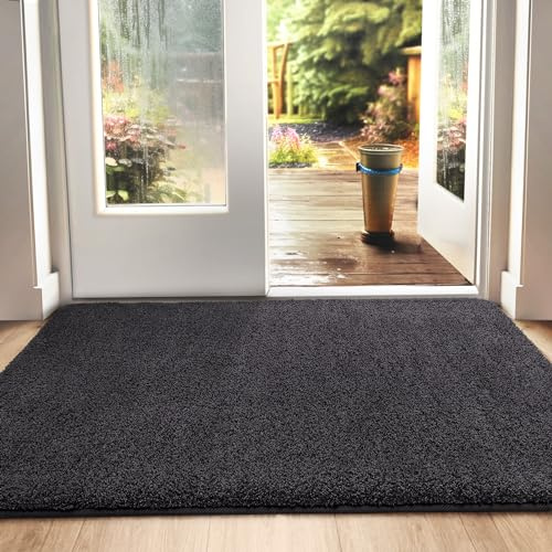 DEXI Smutsfångare Dörrmatta, Halkfria Barriärmattor för Inomhus, Superabsorberande Entrématta Maskintvättbar mjuk Golvmatta Matta, Svart-grå, 90 x 150 cm