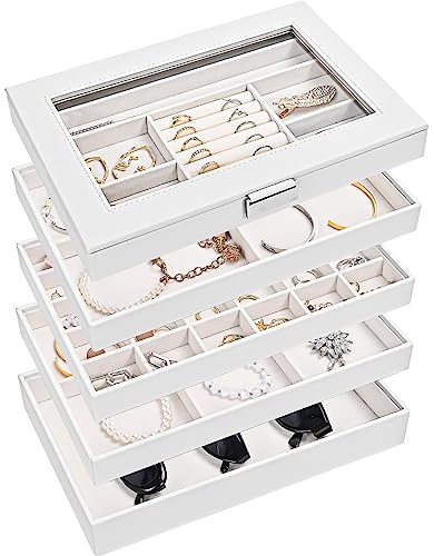 ProCase 5 Layers Stackable Jewelry Tray Box, Stackers Jewelry Trays for Dresser Drawer Storage, Jewelry Organizer Case with Lid -White