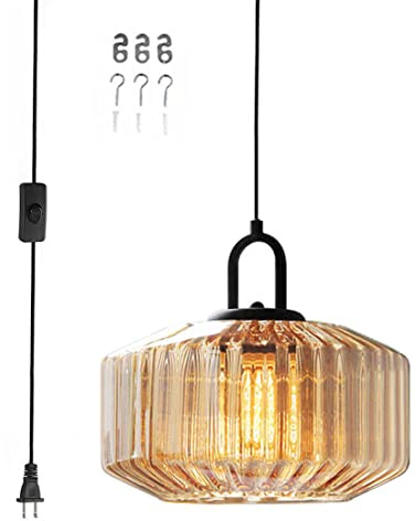 Qufute Amber Plug in Pendant Light, Hanging Lamps for Living Room Plug in Glass Globe Pendant Light, Modern Plug in Cord Pendant Hanging Light with 14.7 ft Cord On/Off Switch Striped Glass Shade