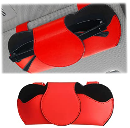 JNNJ Brillenhalter für Auto Leder, Auto Sun Visor Aufbewahrungstasche PU Leder, Aonnenblenden Auto Organizer, Multifonction Brillenetui, Für alle Fahrzeuge(Rot)