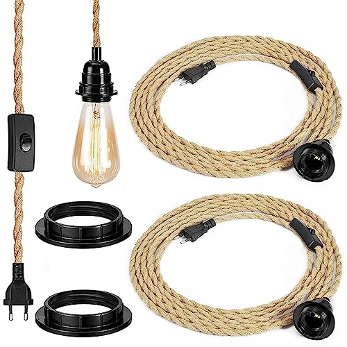 ANKBOY Vintage Hanfseil Pendelleuchte mit Schalten Stecken DIY Einzelkopf Hängeleuchte mit 2 Meter gedrehten Hanfseil E27 Lampenfassung Hanfseil Lampe für Dekoration Wohnzimmer Loft 2Stück