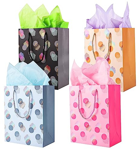 Yoosso 4 PCS Gift Bags (9 x 7x 4 inch), Gift Bags for Graduation with Tissue Paper Birthday Wedding Party Shopping Baby Shower for Women Men Kids Teachers