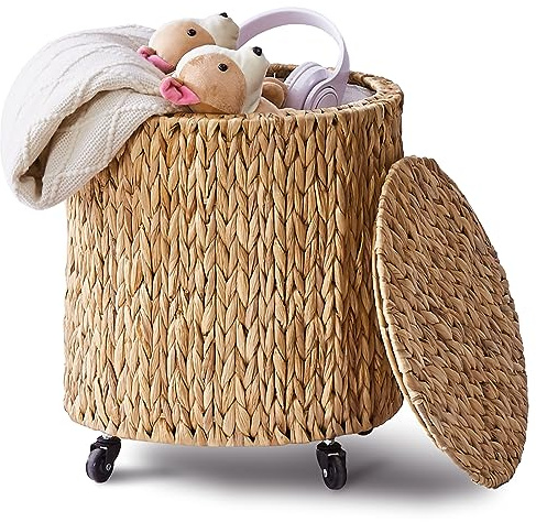 Wimarsbon Vintage Storage Basket, Multipurpose Rolling Hamper With Brakable Wheels and Lid, Braid Laundry Bin, Handwave Clothes Toy Organizer Tote for Living Room