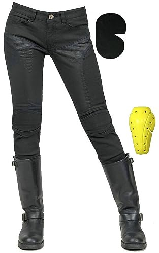 HOMDECR Pantalones De Moto para Mujer,Kevlar Vaqueros De Motociclista Elástico Carreras Senderismo Pantalones con Bolsillos Y 4 Almohadillas Protectoras Desmontables (S)