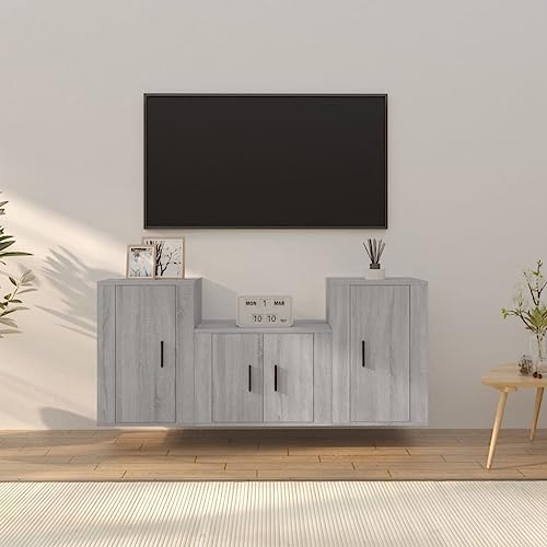 Annlera 3-TLG. TV-Schrank-Set Grau Sonoma Holzwerkstoff Lowboard Holz Wohnwand Holz Wohnwand Wohnzimmer Sideboard Hängend Wohnwand Hängend Wohnwand Modern Wohnzimmer Möbel Tv Cabinet