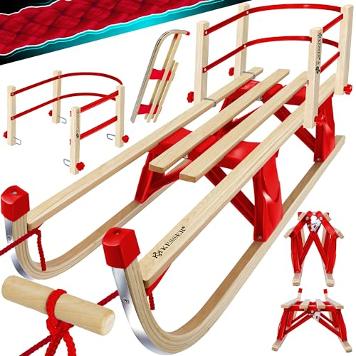 KESSER® Slitta in legno Premium Slitta pieghevole per bambini fino a 120Kg Slitta per bambini 110cm in legno di faggio incl. corda di trazione cursore in metallo, inkl. Schienale