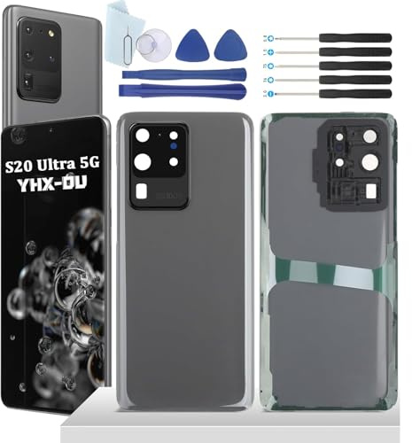 YHX-OU 6.9'' Grau Akkudeckel für Samsung Galaxy S20 Ultra 5G SM-G988B SM-G988U Rückseite Glas Backcover Back Glas Ersatz Reparatur Set mit Kameraobjektiv + Werkzeug