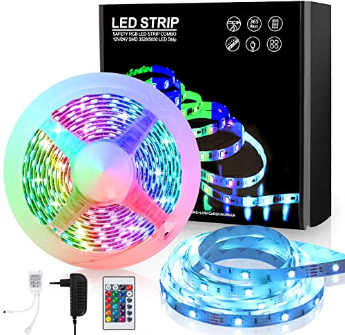 Fiqops Led Streifen, LED Strip 5m, LED Streifen Selbstklebend, RGB 5050 LED band mit 24-Tasten-Fernbedienung, Dimmbar LED Strip für Zuhause, Schlafzimmer, Küche, Partei