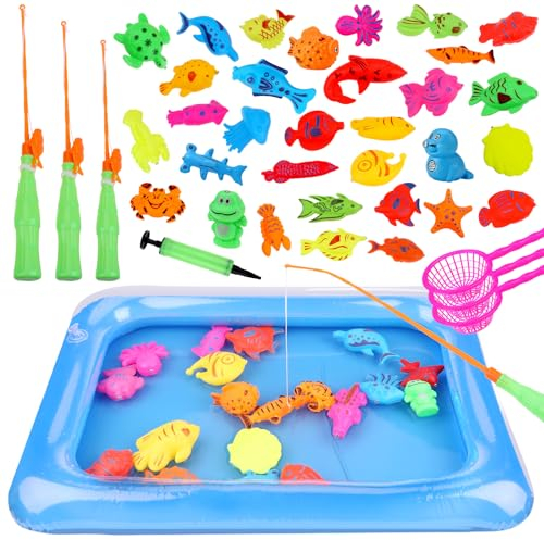 Tigvio Angeln Spielzeug, 42 Stück Angelspiel Badespielzeug, Fische Angeln Wasserspielzeug Kinder, Magnet Fischen Angelspiel für Kinder ab 3 Jahren