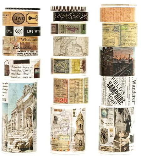 KAVI' S 18 rollos Washi Tape Set, Cinta Vintage Adhesivo Decorativo Obra de Arte Inspirada Hoja de Oro Masking Tapes para Artes, Bullet Journal, Scrapbooking, Bricolaje (Travel The World)