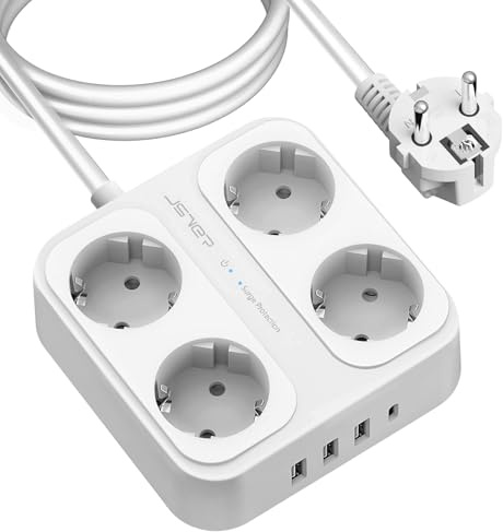 JSVER Grenuttag 4-vägs med 4 USB-laddningsportar, Multipeluttag med USB C, Väggmontering (2500W) överspänningsskydd för Grenuttag med 3M Kabel för Smartphones, Bärbara datorer -Vit
