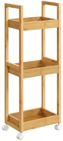 SONGMICS Rollwagen, Badregal, Badezimmerregal mit 3 Ebenen, Nischenregal Bambus, Regal schmal, Nischenwagen auf Rollen, platzsparend, 20 x 30 x 80 cm, naturbeige BCB083N01
