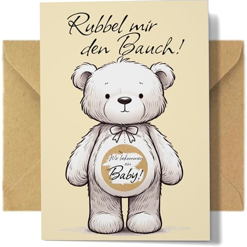 Wir bekommen ein Baby (neutral) - Rubbelkarte zum Schwangerschaft Verkünden | Set mit Kraftkarton Umschlag, fertig mit goldenem Rubbeletikett für Baby Ankündigung