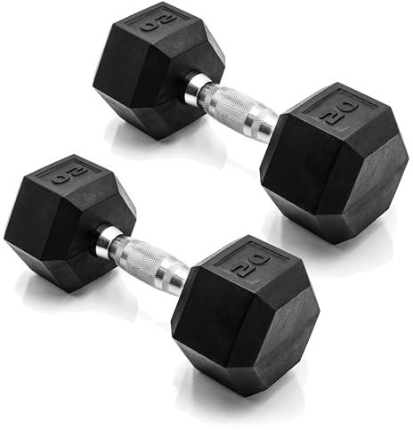 CAP Barbell 20 LB Rubber Coated Hex Dumbbell Hand Weight - Pair | Chrome Handle