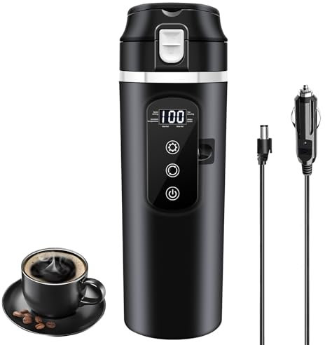 Hervidor eléctrico de viaje de coche de 12 V/24 V CC, taza de calefacción de coche de 400 ml con tapa antiderrames, a prueba de fugas, forro de acero inoxidable 304, taza de té portátil de hasta 100
