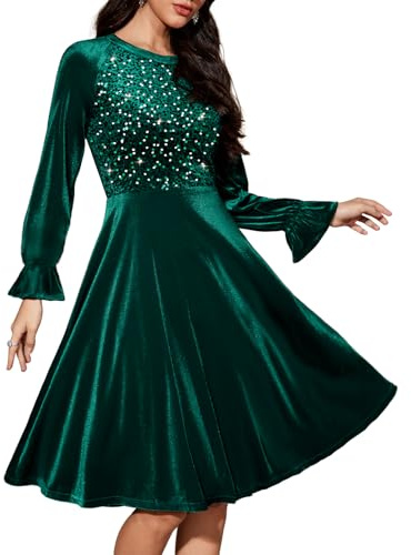 Bbonlinedress Vestido de cóctel de manga larga con lentejuelas de terciopelo para mujer, vestido de terciopelo vintage para invitada de boda, vestido midi, Verde oscuro, XL