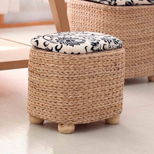 SdaryWare Pouf-Fußhocker, gepolsterter Fußhocker mit Ablagefach, Rattan-Geflecht, Innenmöbel, Stofffuß, Holzhocker, 11 x 9 x 10,62 Zoll(B)
