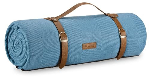 VonShef Picnic Blanket, Blue Herringbone Extra Large Outdoor Rug with Waterproof Backing, 10 Person Weatherproof Picnic Mat with Faux Leather Handle, Water Resistant Camping Accessories, 200x300cm
