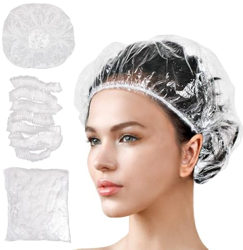 LIUCONGBD 100 Stück Einweg Duschhauben, 42cm Wasserdichte Elastische Kunststoff-Haarkappen, Duschkappe Geeignet für Damen, Herren, Reise, Heimgebrauch, Hotel, Spa, Salon
