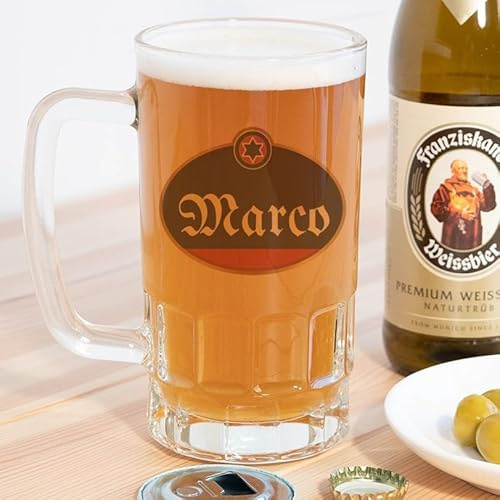 Wanapix | Jarra de Cerveza Transparente Personaliza con Nombre y Texto | Jarra de Cristal Transparente | 500 ml | Apta Lavavajillas | Negro