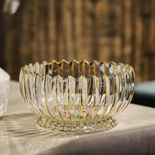 Puremagics Cuenco redondo de cristal dorado pintado a mano con patas de frutas, 8.7 pulgadas de diámetro, elegante cuenco decorativo para frutas/caramelos.