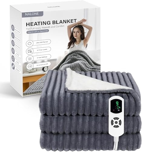 NALONE Electric Blanket Heated, Heated Throw Blanket Soft Flannel 160 * 130CM,12 Heat Levels & Up-to-9-Hours Auto-Off Timer & LED Display, for Home Office Use, Machine Washable (grey)