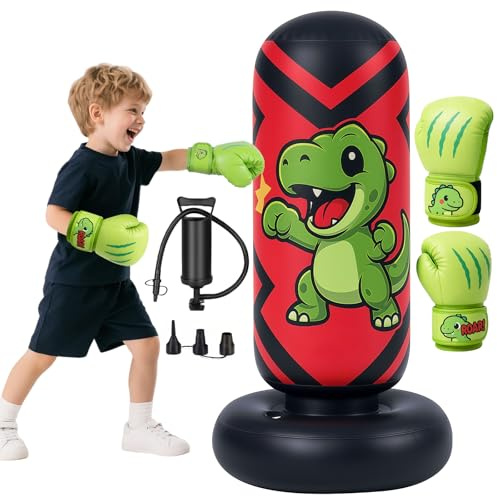 Ninonly Sacco da Boxe per Bambini Gonfiabile 130cm, Sacco da Boxe in Piedi per Bambini 3-8 Anni con Guantoni da Boxe & Pompa per Aria, Allenamento Karate Taekwondo MMA, Design Dinocool