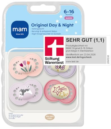 MAM Original Day & Night Matt Schnuller | 6-16 Monate | 94% Akzeptanz | Babyschnuller beugt Zahnfehlstellungen vor | mit Zahnmedizinern entwickelt | SkinSoft Silikon | Tulpe/Stern | 4 Stück