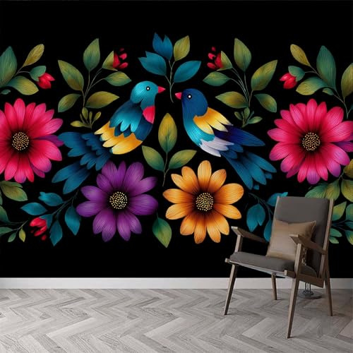 Carta da parati panoramica Arte Astratta Carta da parati Fiori Uccelli Piante Foglie Rimovibile Impermeabile - Decorazione da Parete per Soggiorno Camera Bambini - 200 x 140 cm