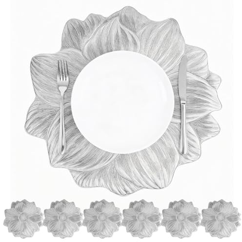 Set di 6 tovagliette eleganti floreali in PVC, 38 cm, lavabili, resistenti al calore, antimacchia, per Natale, matrimoni, hotel, feste (argento)