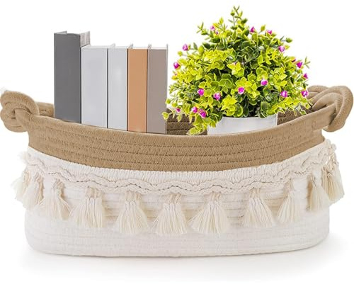 CharmBurst Panier-cadeau vide petit, Panier tressé en corde de coton, Panier de rangement blanc, Panier Watteston corde décoratif pour cadeaux, Panier-cadeau rond (Kaki)