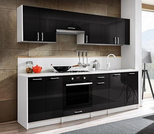 Genérico Muebles de Cocina Completa Eliza Negro Brillo 240 cm sin encimera