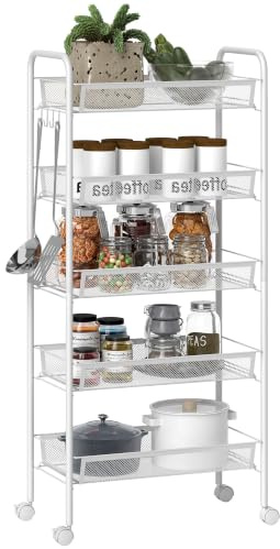 HOMCOM Carrito Auxiliar con Ruedas 5 Niveles, 45x26,5x106 cm Blanco | Verdulero Cocina, Carrito de Cocina con 4 Ganchos, Carga 15 kg, para Comedor, Sala de Estar, Baño