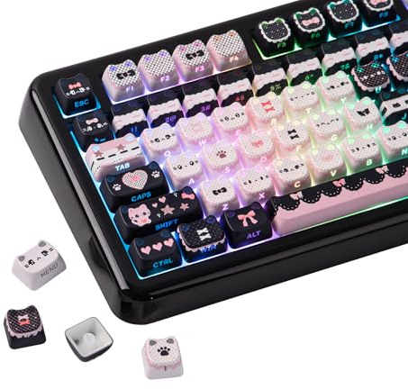 KiiBOOM Cute Cat Keycaps Set, Mao Profile, Cat Shape | PBT/PC Keycap for MX Switch Mechanical Keyboard, Compatible with 60%, 65%, 75%, TKL, 96%, Full-Sized ANSI Layout (Meow Bow)