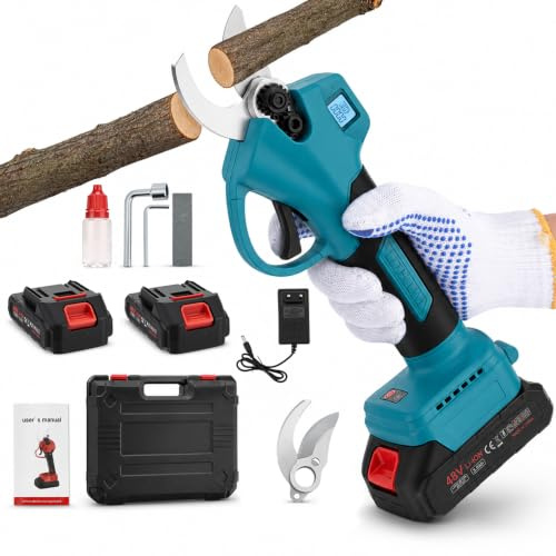 Sécateur électrique sans fil de 50 mm avec 2 batteries de 3,0 Ah, moteur sans balais de 800 W, écran LCD, protection contre la surchauffe, sécateur sans fil pour jardin, vergers, branches d'arbres