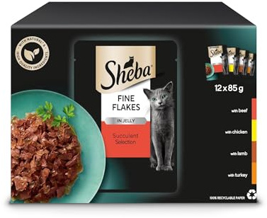 Sheba Fine Flakes Wet Cat Food Pouches - MultiPack Succulent Collection with Beef, Chicken, Lamb and Turkey in Jelly, Pack of 4 (4 x 12 Pouches x 85 g)