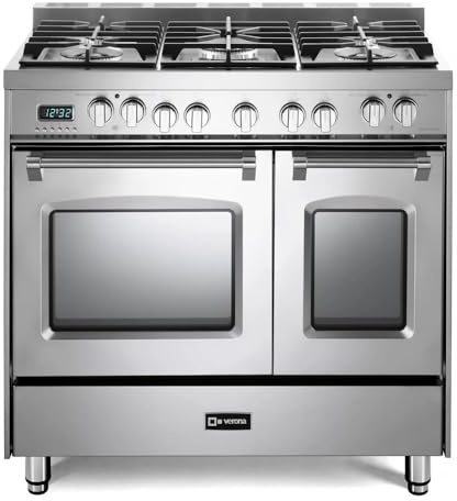 Verona VPFSGE365DSS 36 Prestige Series Freestanding Dual Fuel Range with Double Oven 5 Sealed Burners Oven Racks, Continous Cast-Iron Grates in Stainless Steel