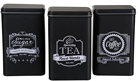 MIK funshopping Juego de lata de metal retro para café, té y azúcar, lata de café, té, azucarero con tapa (3 piezas, diseño vintage en blanco y negro)