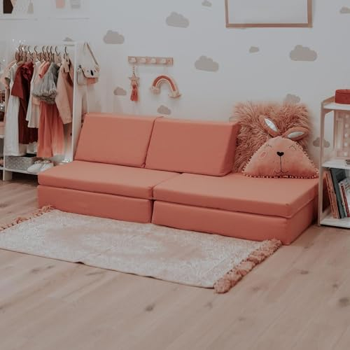 Sweet Home From Wood Aktivitätsmatratze - Plüsch-Schaumstoff-Couch mit 2 Kissen - Sofa zum Spielen & Schlafen - Sitzkissen mit abnehmbaren, robusten Bezügen - Kindermöbel, Schlafsofa (Lachsrosa)